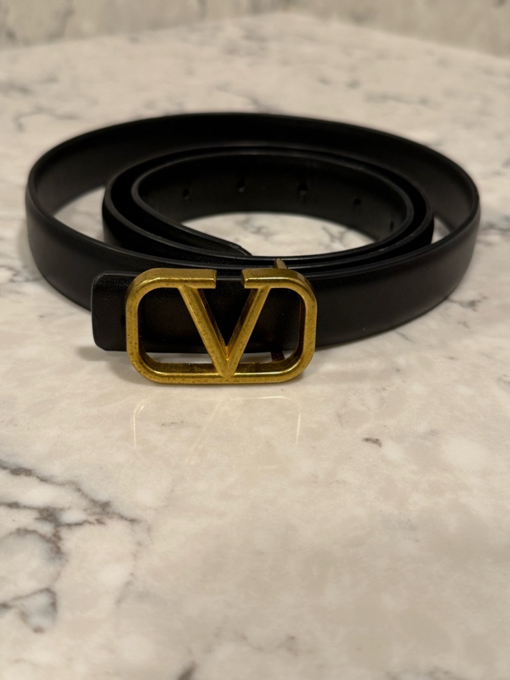 & Other Stories Black Leather Belt with Gold Logo Buckle